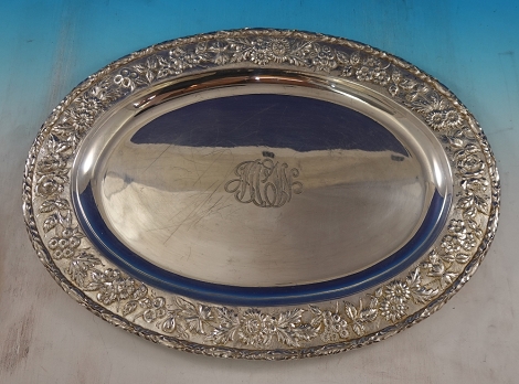 Fish Serving Platter applied leaf border #2519 S. Kirk & Son 925/1000 mark wt. 58.7 ozt 18 3/4